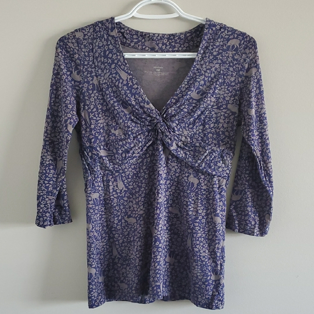 Patagonia Women's Blue Animal Patterned Ruched Organic Cotton Top Sz S Babydoll - Picture 2 of 14